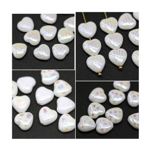 10mm White heart beads Czech glass pressed hearts AB finish ornament 10Pc