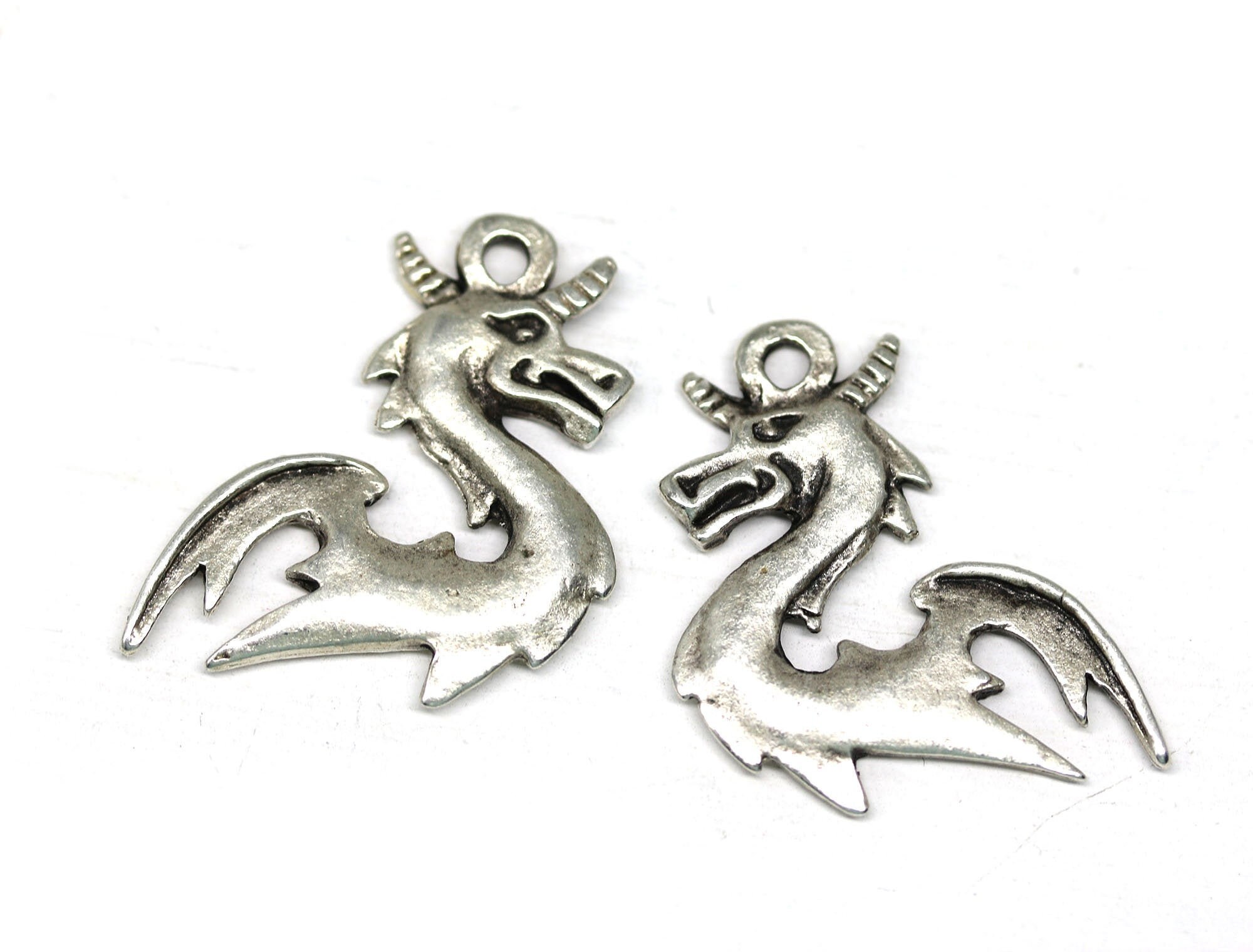 Antique Silver Dragon Charms, Greek Metal Casting Bead, Metal Dragon Pendant 2pc - 1183