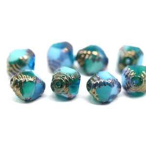 10x8mm Blue green bicone fire polished czech glass beads old patina, 8Pc 5651 image 2