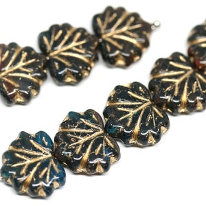 Schwarze Blatt-Perlen Goldene Einlegearbeiten Tschechisches Glas Ahornblätter Dunkle Blatt-Perlen 11 x 13 mm - 10Pc - 2345