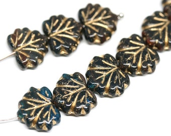 Dark teal black leaf beads Golden inlays Czech glass Maple leaves Dark mixed color 11x13mm - 10Pc - 2345