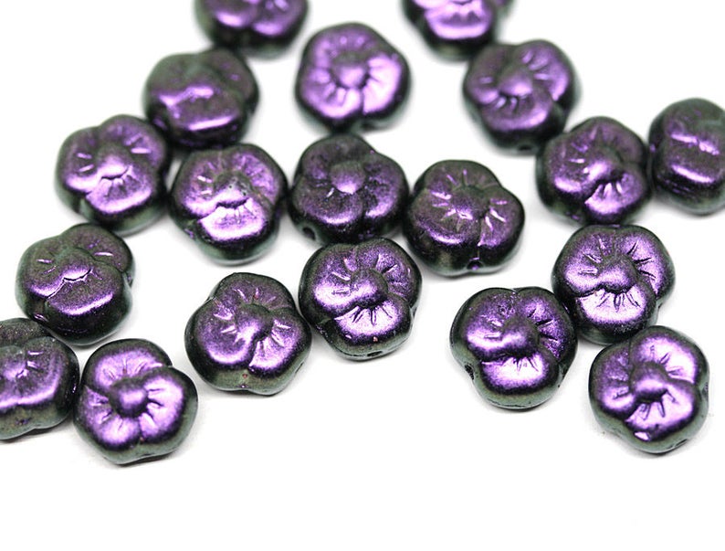 20Pc 1965 Metallic Purple flower bead Violet Purple glass bead 9mm czech glass flower three petal daisy floral bead