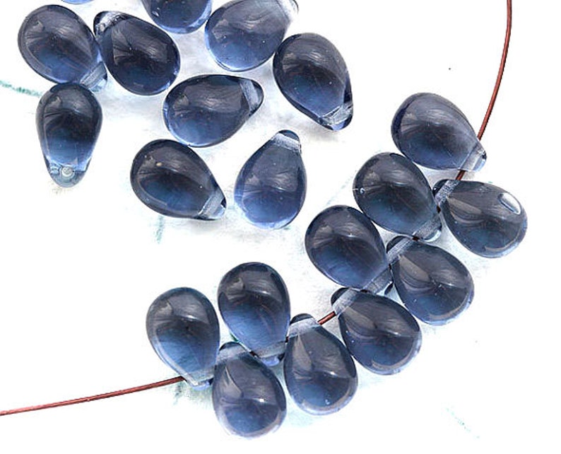 6x9mm Montana Blue teardrops, Czech glass blue drop top drilled bead 40pc 0698 image 2