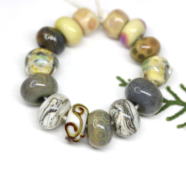 Beige Grey green Handmade lampwork glass round beads mix 14pc Neutral beads set Murano glass One of a kind beads by MayaHoney SRA