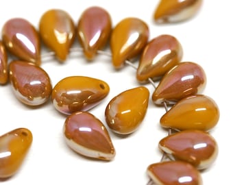 6x9mm Dark Ochre yellow teardrops Yellow brown glass drop beads Czech pressed raindrop - 20pc - 2402