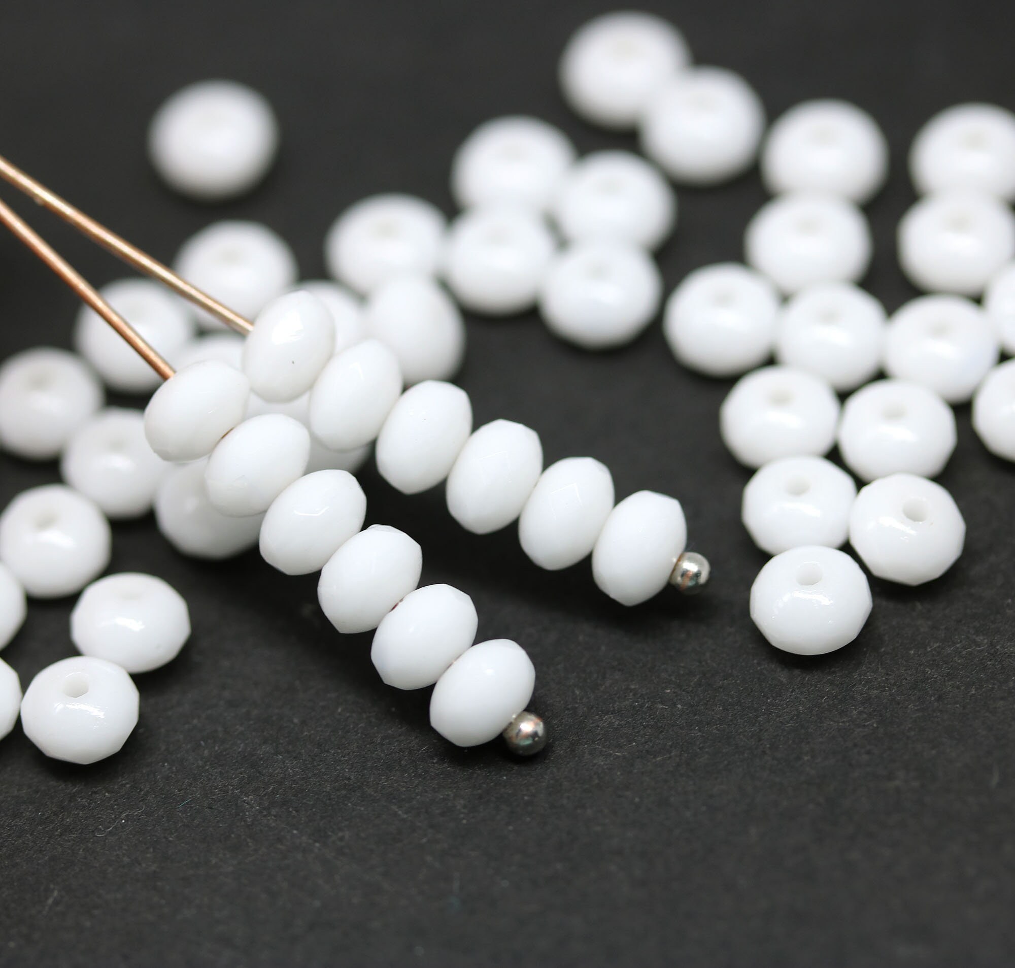 3x5mm Opaque white rondelle czech glass fire polished beads spacers rondels 50pc - 0844