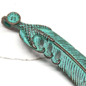 Feather pendant bead with Claws, Green patina on Copper, Feather focal Long Greek metal pendant - F173