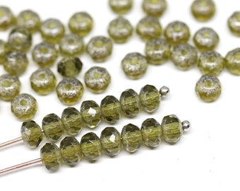 Olive Green Czech Glass Beads: Silver Wash Rondelle Spacers (50pc)