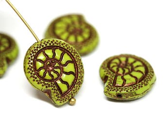 Yellow Green Czech glass Snail beads, Nautilus, Fossil, Shell, Copper spiral beads earrings pair - 2pc - 2244