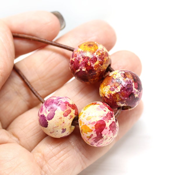 14mm Red pink ceramic organic round beads, earthy colored ball beads for leather cord, 5mm hole, 4pc - 3088