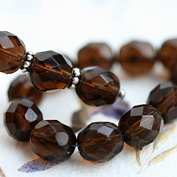 8mm glass Dark Smokey Topaz beads, dark brown Czech round beads, fire polished, faceted beads - 15Pc - 2710