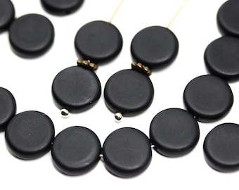 10mm Matte black coin czech glass beads Round tablet shape pressed beads 25Pc - 3912
