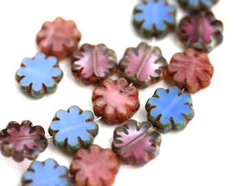 15pc Picasso Flower beads MIX in Purple, Blue, Pink, 9mm czech glass flat daisy, table cut, rustic floral beads - 0941