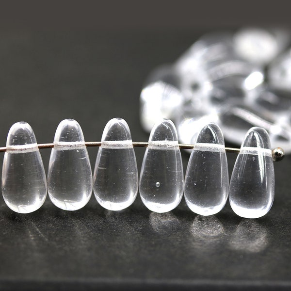 6x13mm Crystal clear long teardrop czech glass beads, top drilled drop beads, 15pc - 3944