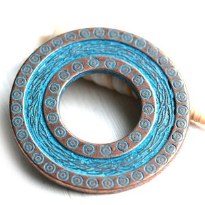40mm Large Ornament Round pendant, Circle, Disk, Donut, Blue patina on copper, Greek metal casting - 1pc - F470