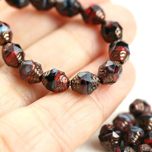 8x6mm Cathedral czech glass beads Luxury black red blue golden ends fire polished barrel beads 15pc 2777 image 3