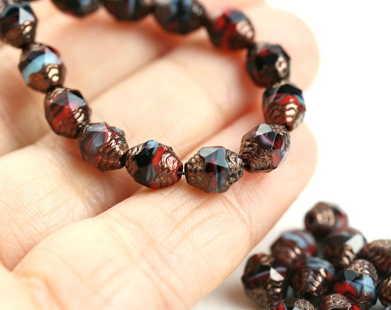 8x6mm Cathedral czech glass beads Luxury black red blue golden ends fire polished barrel beads 15pc 2777 image 3