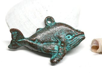 Green Patina Copper Whale Pendant: Double Sided Greek Bead (1Pc)
