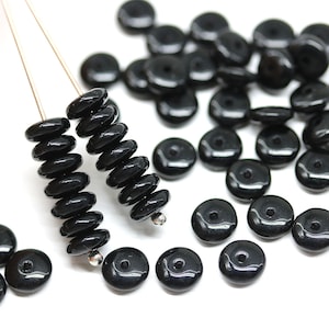 6mm Jet Black Czech Glass Rondelle Beads: 50pc Spacer Beads