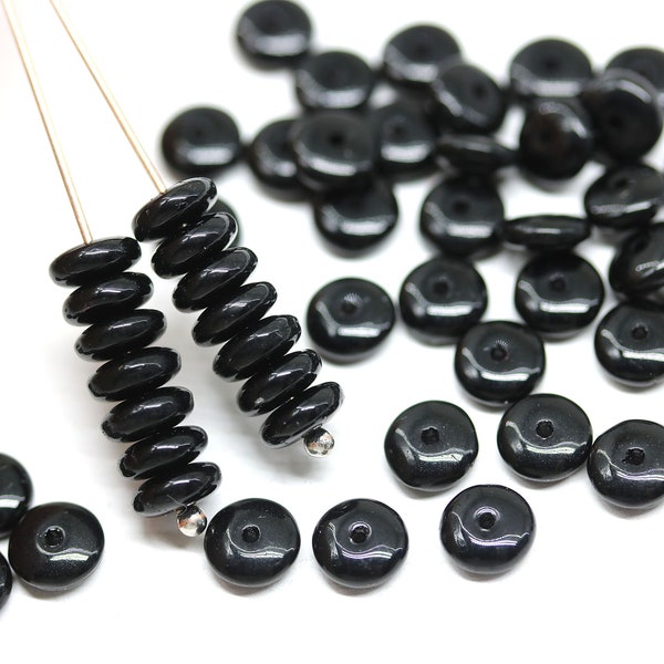 6mm Black rondelle beads czech glass Jet Black rondel spacers pressed beads 50pc - 2191