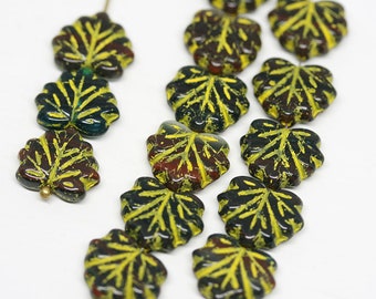 Dark leaf beads, Czech glass Maple leaves, Dark mixed color Yellow inlays pressed beads - 11x13mm - 10Pc - 0718