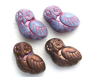 4pc Fancy Owl Beads Czech glass owl beads Purple glass Earring Pairs Large Bird Bead - 2784