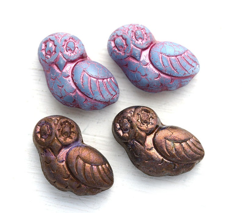 4pc Fancy Owl Beads Czech glass owl beads Purple glass Earring Pairs Large Bird Bead 2784 image 1