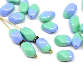 11x7mm Blue green oval beads, Mixed color czech glass barrel beads, Druk oval beads 20Pc - 2068