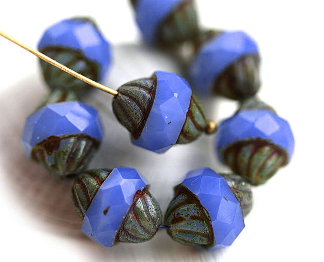 14 Czech Glass Faceted Emerald Green Opal Picasso Turbine Beads