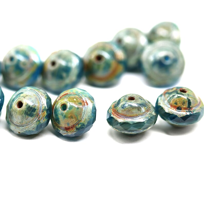 Mixed blue saucer beads 8x10mm UFO shape Picasso czech glass fire polished bicone saturn beads 6pc 5671 image 6