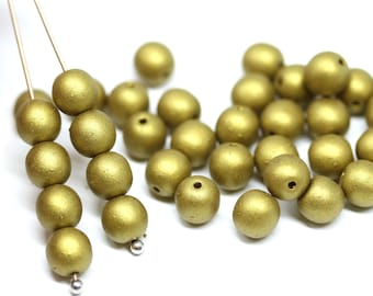 6mm Matte gold Czech glass beads, golden round druk pressed spacer beads 50Pc - 1008