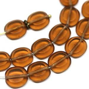 Brown Topaz glass flat oval beads Czech glass fire polished beads 10x9mm - 15Pc - 1622