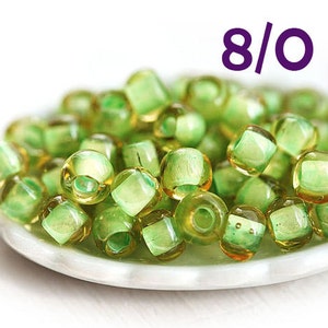 TOHO Seed beads size 8/0, Inside Color Jonquil Mint Julep Lined N 945, green yellow round japanese glass beads 10g - S797