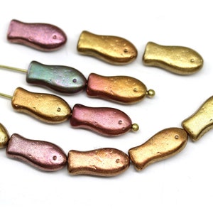 Golden fish beads Czech glass matte metallic fish beads mix Nautical 14x7mm, 20Pc - 1154