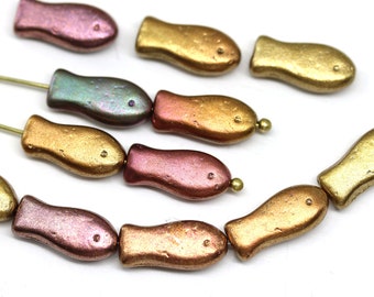 Golden fish beads Czech glass matte metallic fish beads mix Nautical 14x7mm, 20Pc - 1154