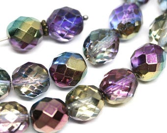 10mm Peacock glass beads Purple Green Czech fire polished ball beads Large round beads 10pc - 0805