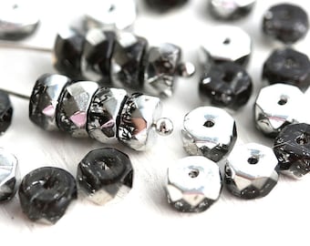 6x3mm Black and silver rondelle beads, fire polished czech glass faceted spacers - 25Pc - 1573