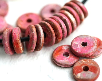 Pink ceramic rondelle beads Greek Ceramic rondel beads Rustic Pink Red mixed color 13mm spacers for leather cord - 2287