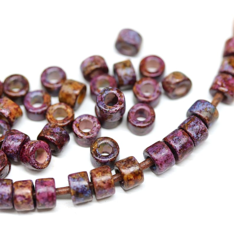 40pc 2mm hole 6x4mm Dark purple Ceramic tube rondelle beads 2842 Brown purple Greek washer beads for leather cord