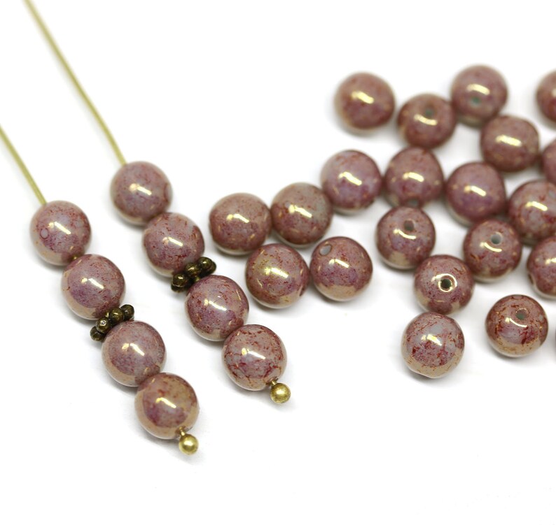 Dusty pink 6mm czech glass round beads, Goldish luster, druk pressed beads spacers 50Pc 1116 image 3