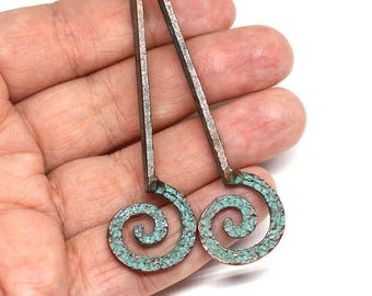 70mm Green patina charms Long Copper Spiral Hammered charms Greek metal casting textile beads - 2Pc - F676