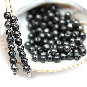 3mm round druk black beads silver wash small spacers Czech glass beads, 8gr - 5062