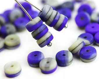 80pc Blue gray Rondelle beads, 6x3mm pressed czech glass spacers, Matte blue rondels - 2918