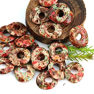 Brown Red rondelle beads, Earthy colored greek Ceramic Cornflake donut beads for leather cord, washer, 10mm - 20pc - 1017