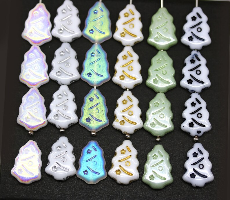 Christmas tree beads Czech glass white festive beads DIY Christmas holiday jewelry 8pc image 2