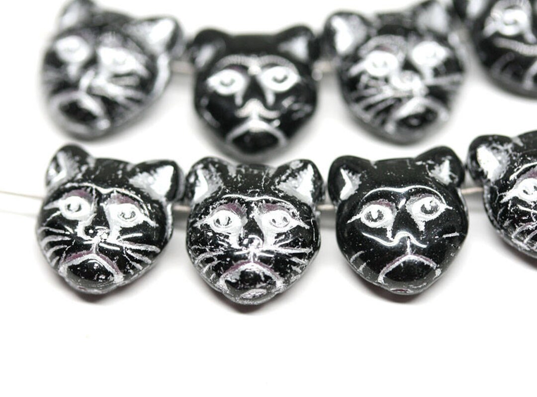 Black Glass Cat Beads Mix Black Silver Czech Glass Beads Etsy