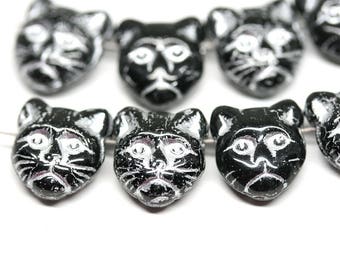 Black glass Cat beads mix, Black Silver czech glass beads, Side drilled Black cat Feline Kitty 8pc - 0300