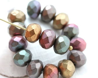 6x9mm Matte Metallic rondelle beads mix, czech glass rondels gemstone cut fire polished 12pc - 2835