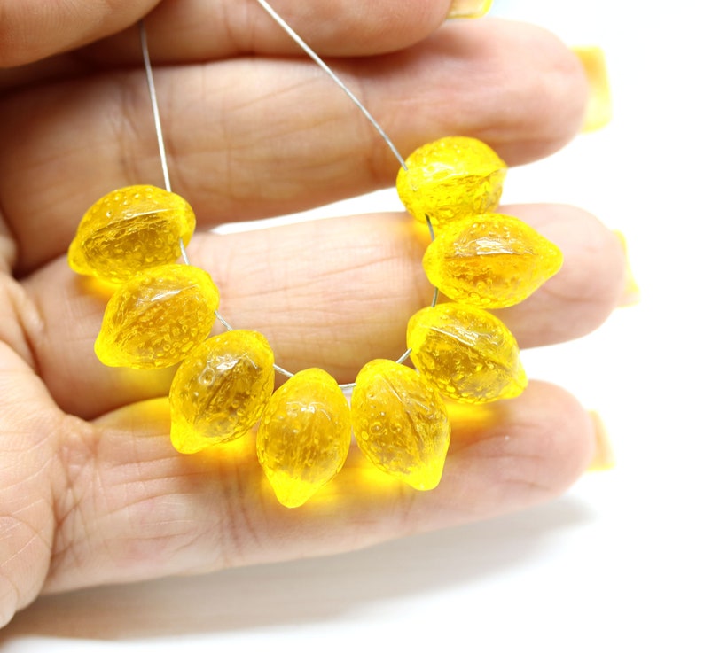 Yellow lemon Czech glass beads transparent yellow 14x10mm fruit beads Top drilled 8pc 2642 image 9