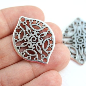 2pc Antique silver Filigree charms, Large Oval metal pendant Drop beads, Openwork connector, Greek metal casting F530 image 3